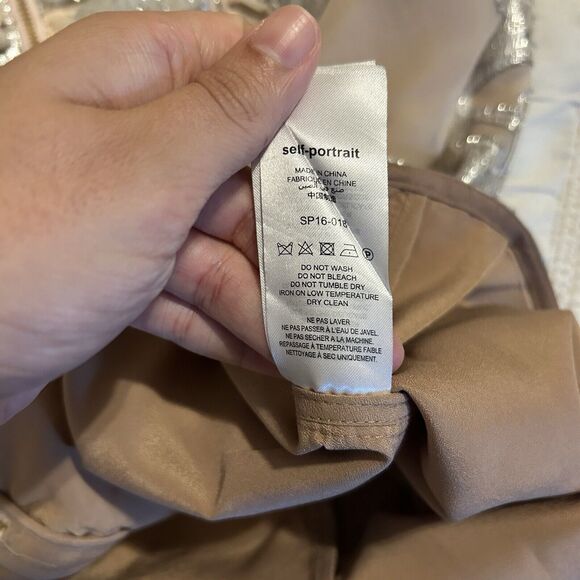 Self Portrait Dress Metallic Fil Coupe Ruffle Mini Beige Tan Silver Cocktail 4 - Picture 14 of 15